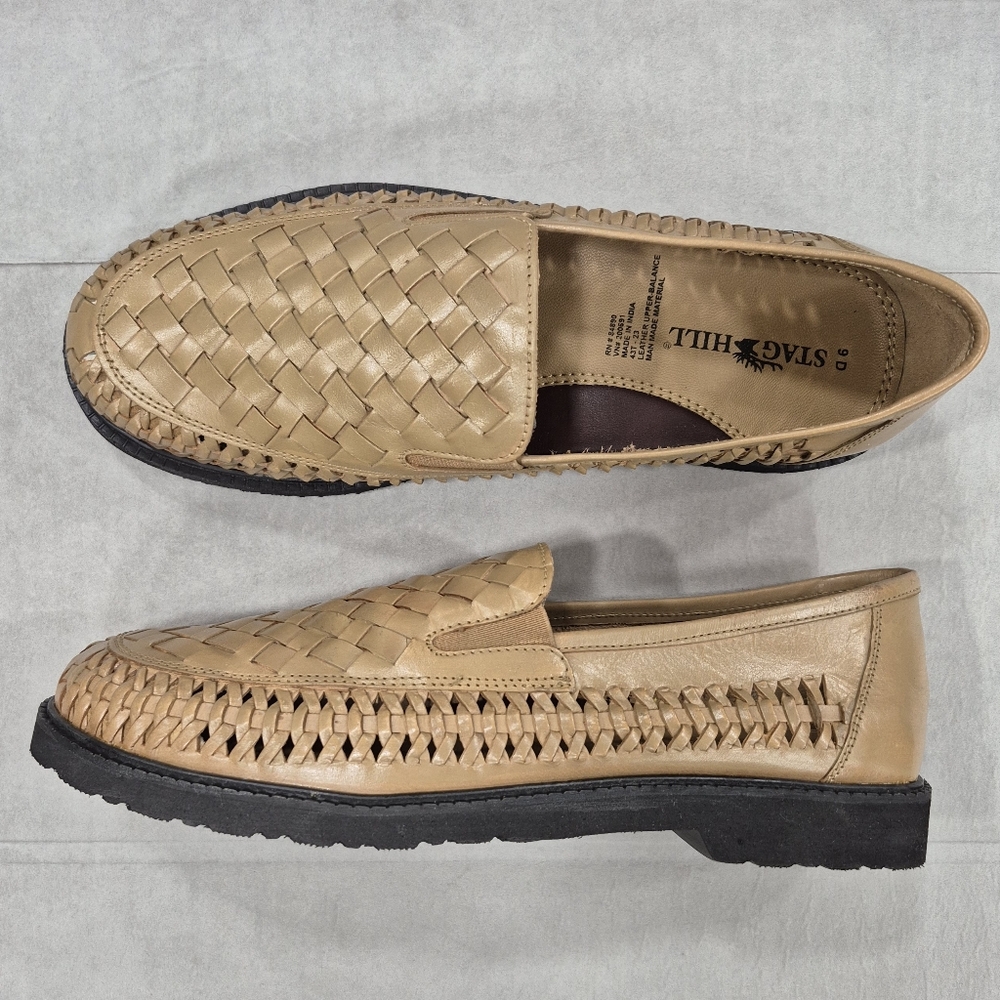 Stag Hill loafers men's 9D tan leather woven slip on breathable casual shoes